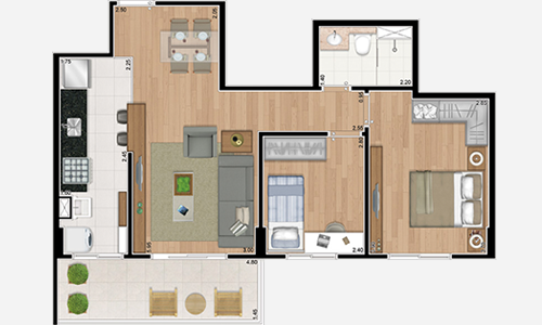 Ilustração artística da planta do apto. de 2 dormitórios (62 m²)