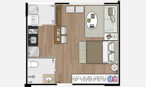 Ilustração artística da planta do apto. studio (27 m²), exceto aptos. 13 e 14, configurados para Portadores de Necessidades Especiais